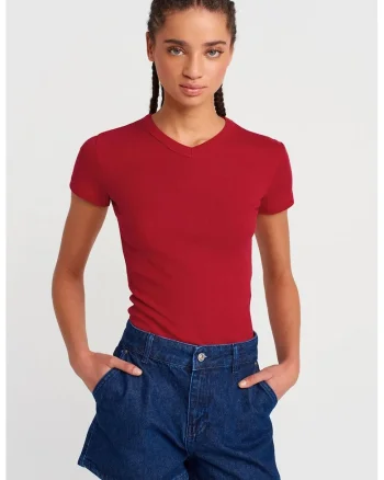 Tricou dama,  tricou slim fit, rosu caramiziu, bumbac