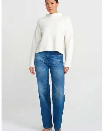 Blugi dama,  talie inalta, croiala dreapta, bumbac, denim albastru mediu