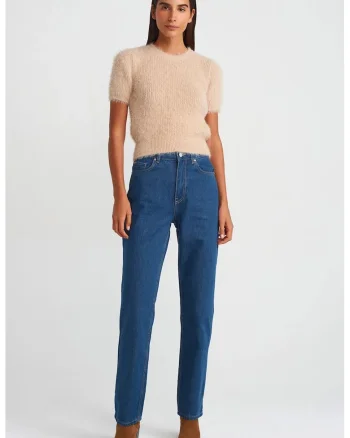 Blugi dama,  talie inalta, croiala dreapta denim albastru mediu, 100% bumbac