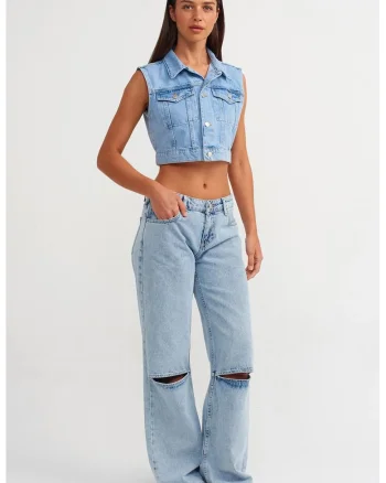 Blugi dama,  talie inalta, picior larg, albastru deschis, denim