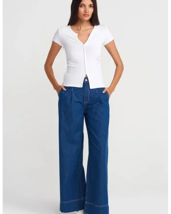 Blugi dama,  talie inalta, croiala larga denim albastru mediu 100% bumbac