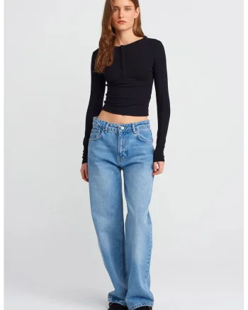 Blugi dama  talie inalta, croiala dreapta, denim albastru deschis-mediu, 100% bumbac