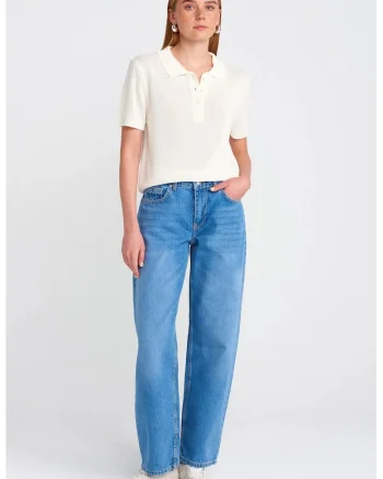 Blugi dama,  talie inalta, croiala balon, denim albastru mediu, 100% bumbac