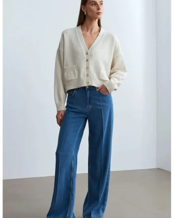 Blugi dama,  High-Waist Wide-Leg, Tencel, albastru mediu