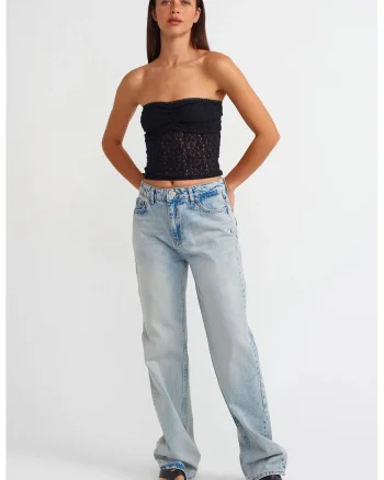 Blugi dama,  talie inalta, croiala dreapta, denim albastru deschis, 100% bumbac