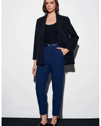 Pantaloni dama,  drepti, albastru marin, cu curea, poliester-viscoza-elastan