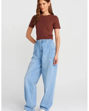 Blugi dama,  High-Waist Balloon Wide-Leg, bumbac, albastru deschis-mediu