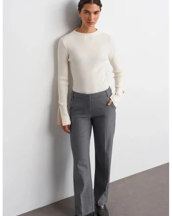 Pantaloni dama,  talie joasa, croiala dreapta, Gri antracit, din crep