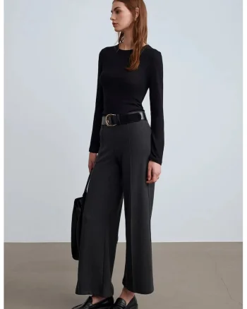 Pantaloni dama,  picior larg, elastic, gri antracit, bumbac si poliester