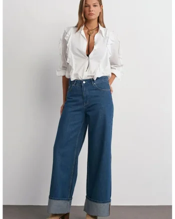 Blugi dama,  talie inalta croiala larga, denim albastru mediu, 100% bumbac