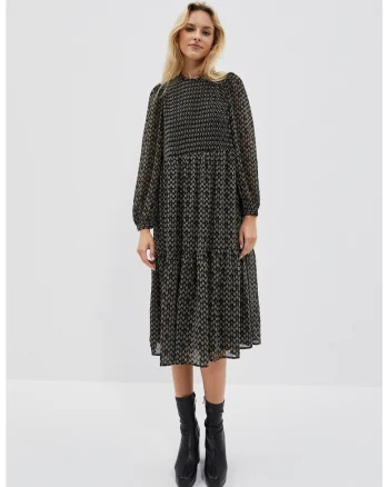 Rochie midi neagra cu imprimeu si volane, Negru