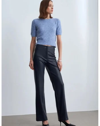 Pantaloni dama,  evazati, negru, piele ecologica