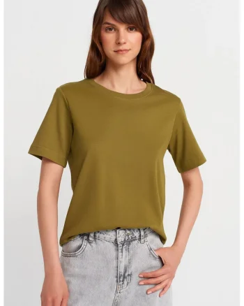 Tricou dama  regular fit, cu maneci scurte, verde kaki, 100% bumbac