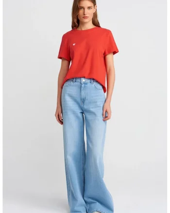 Blugi dama  talie inalta, croiala larga, denim albastru deschis, 100% bumbac