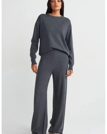 Pantaloni dama,  tricotati, elastic, gri antracit, casual,