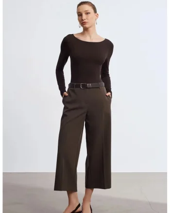 Pantaloni dama,  culottes din crep, talie inalta, gri inchis, casual