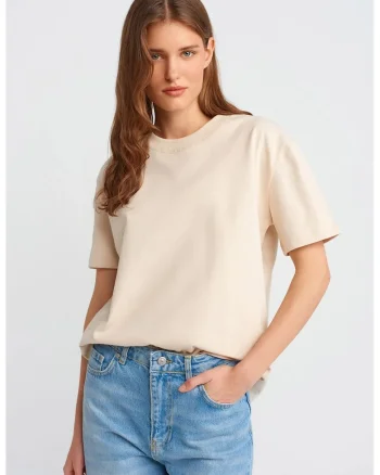 Tricou dama  bumbac, regular fit, crem natural, maneci scurte