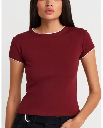 Tricou crop,  bumbac, slim fit, rosu burgundy, maneci scurte