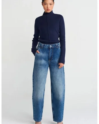 Blugi dama,  High-Waist Balloon Wide-Leg, bumbac 100%, albastru mediu