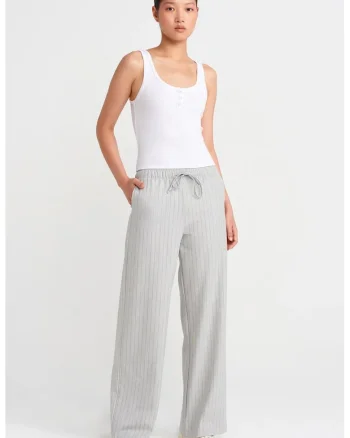 Pantaloni dama,  croiala larga, detalii cu snur, gri deschis, poliester-viscoza-elastan