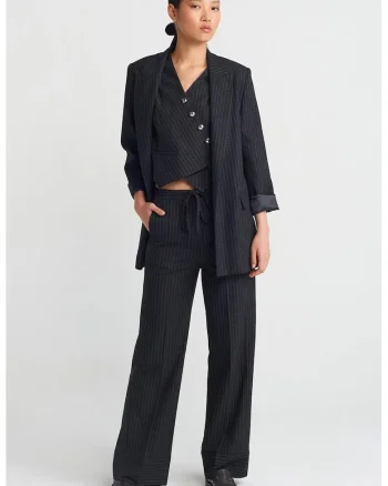 Pantaloni dama,  cu dungi, croiala larga, negru, poliester-viscoza-elastan