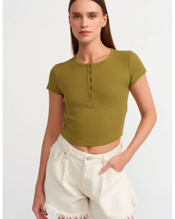 Tricou  scurt, slim-fit, verde masliniu, bumbac-elastan