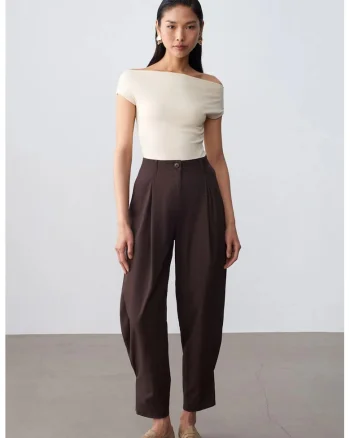 Pantaloni dama,  talie inalta, croiala larga, maro cafea, poplin, Maro