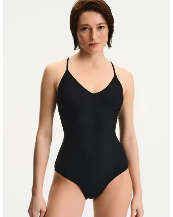 Costum de baie intreg cu bureti detasabili si model uni, Negru