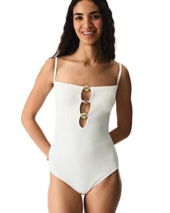 Costum de baie intreg cu model uni, Auriu/Alb optic