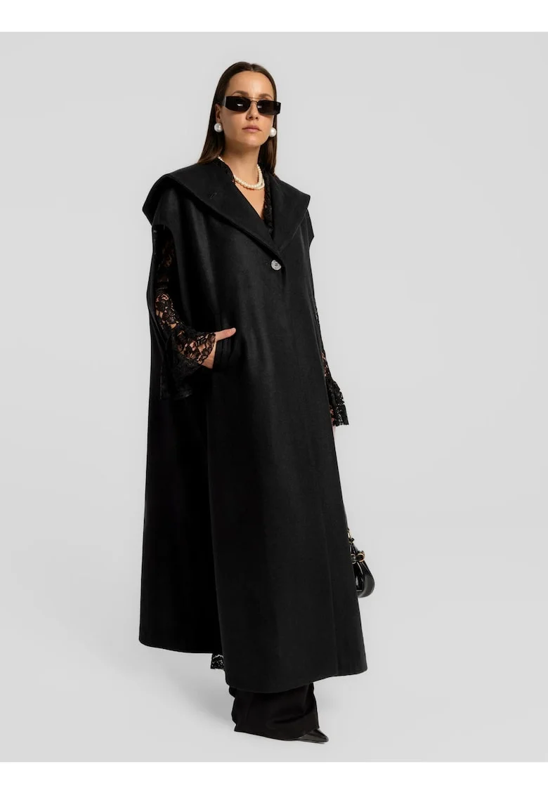 Poncho lung cu gluga Fean, Negru