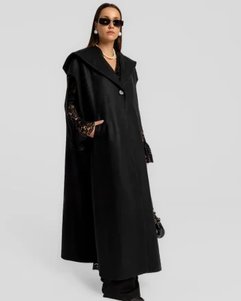 Poncho lung cu gluga Fean, Negru