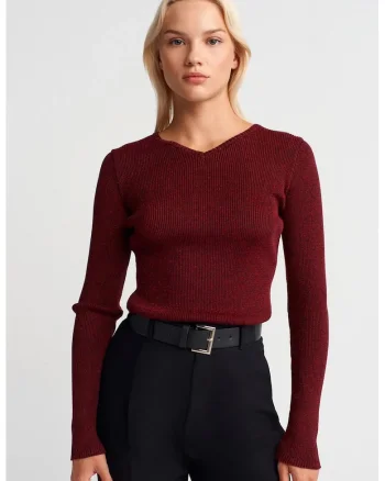 Pulover dama,  slim fit, rosu burgundy, tricot poliester-viscoza, maneci lungi, decolteu in V,