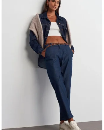 Blugi dama,  talie inalta, croiala dreapta, albastru inchis, denim
