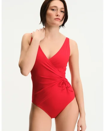 Costum de baie intreg cu volane, Rosu