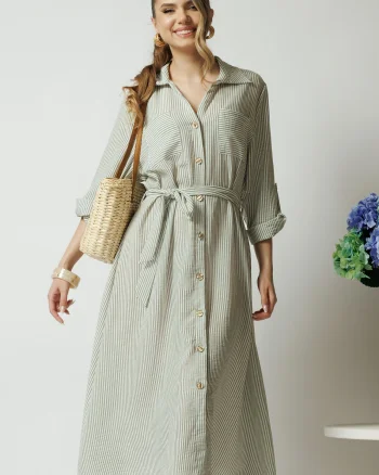 Rochie casual din panza ivory cu dungi kaki si nasturi