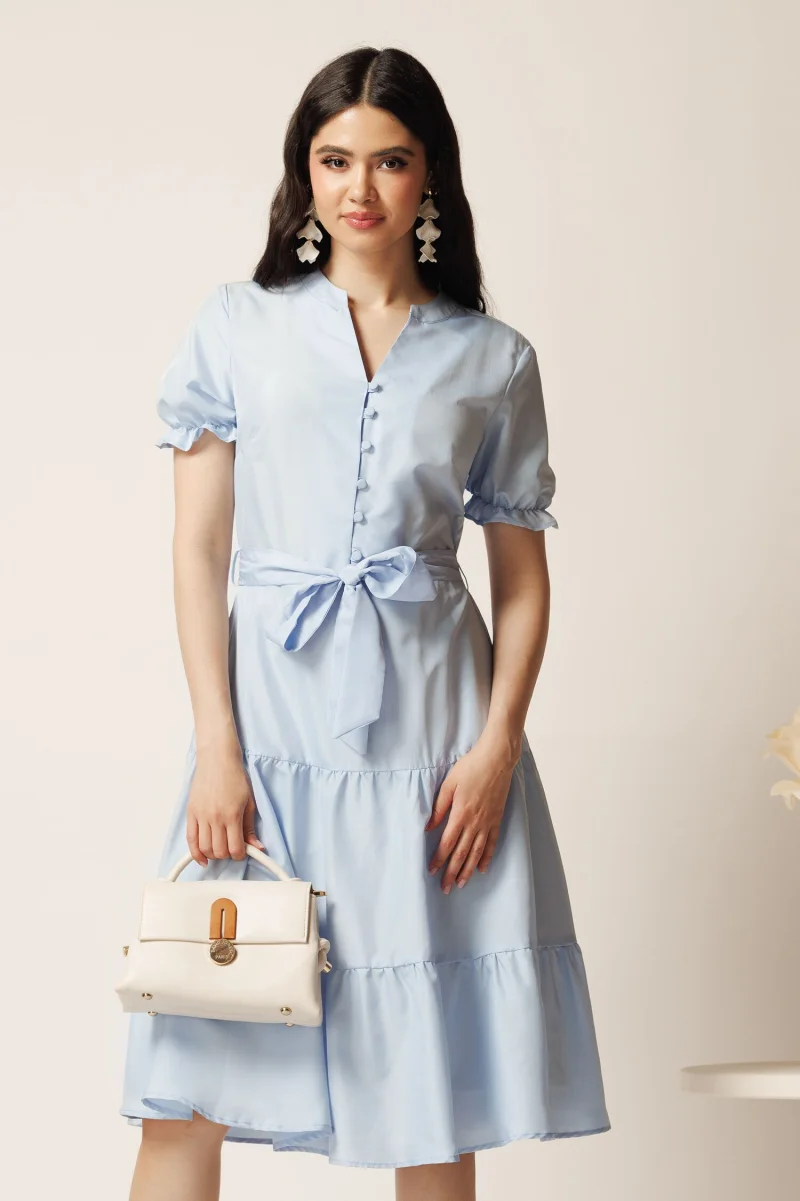 Rochie bleu din viscoza in clos cu cordon in talie