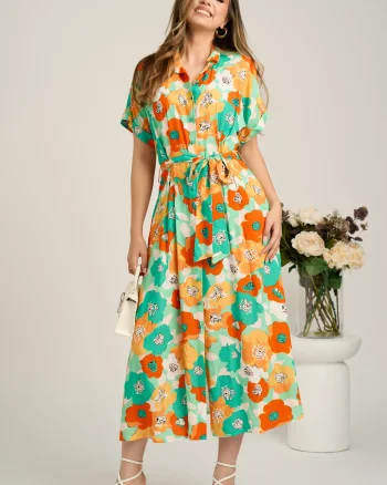 Rochie midi cu flori verde mint si orange din viscoza in clini cu nasturi si cordon in talie
