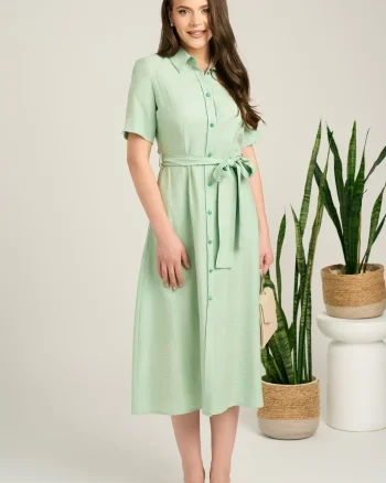 Rochie midi verde mint din viscoza in clos cu aspect sidefat si cordon in talie