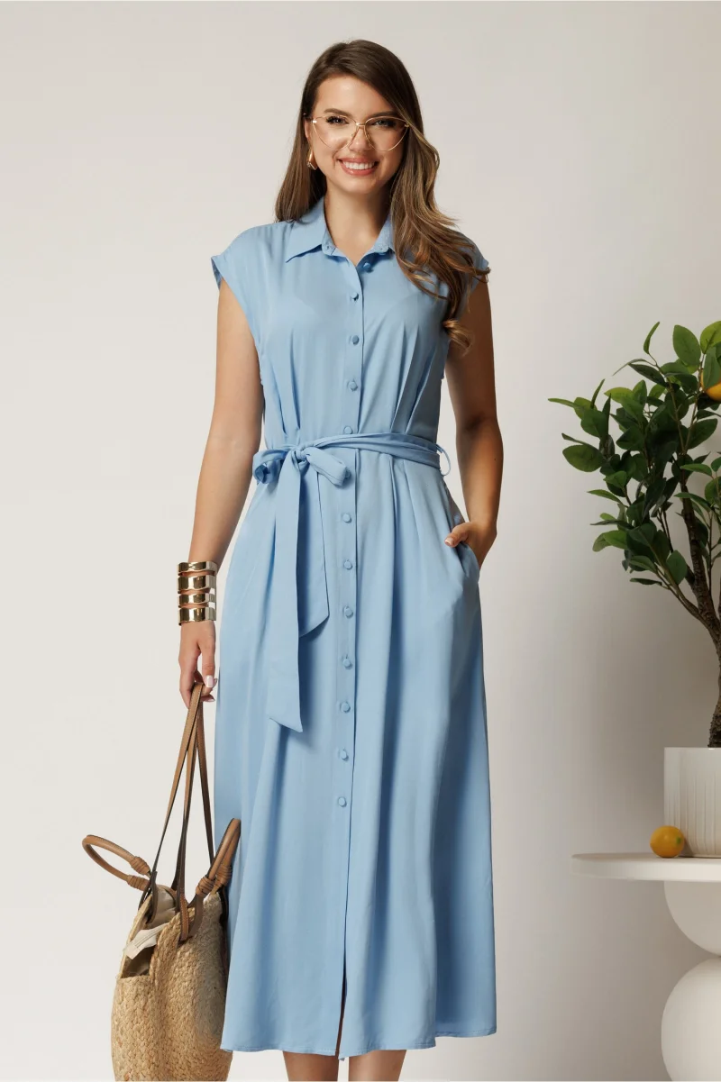 Rochie midi bleu din viscoza cu nasturi si cordon