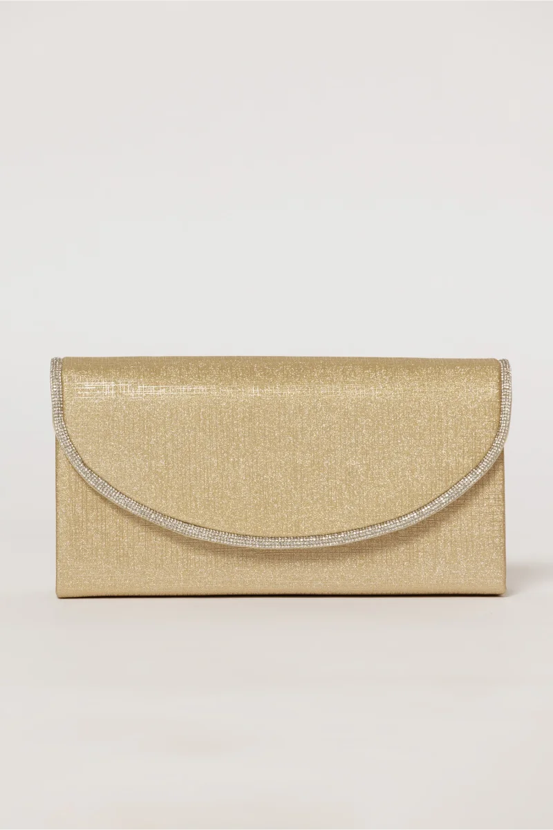 Clutch auriu elegant cu clapeta curbata decorata cu strasuri