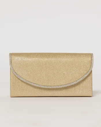 Clutch auriu elegant cu clapeta curbata decorata cu strasuri