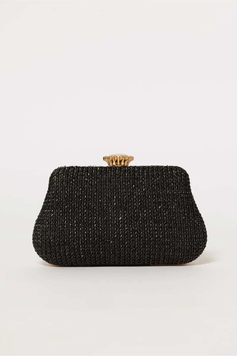 Clutch negru din material textil impletit