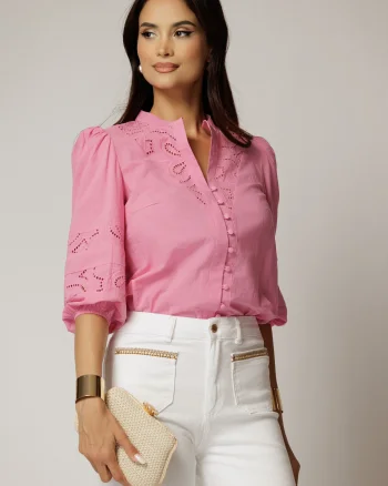 Bluza DY Fashion roz din bumbac cu manecile scurte bufante