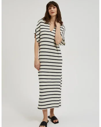 Rochie bej cu decolteu in V si dungi, Alb