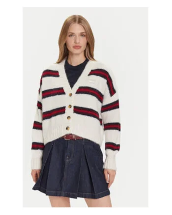 Cardigan dama,  Ecru, 69% acril reciclat, 23% poliester reciclat, 8% lana de alpaca, Rosu/Ecru/Bleumarin