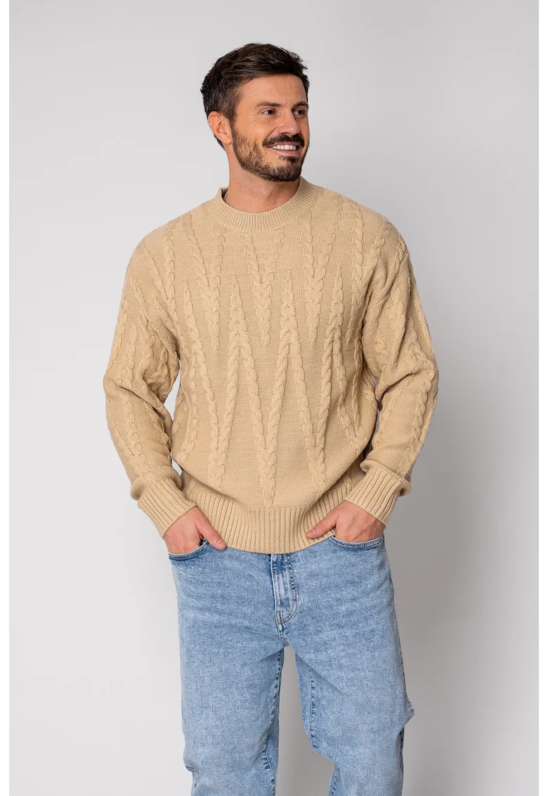 Pulover din mix de lana cu model tricotat Beige 19048, Bej