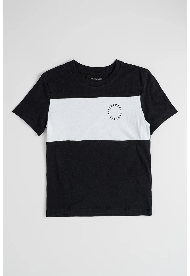 Tricou de bumbac cu decolteu la baza gatului, Alb/Negru