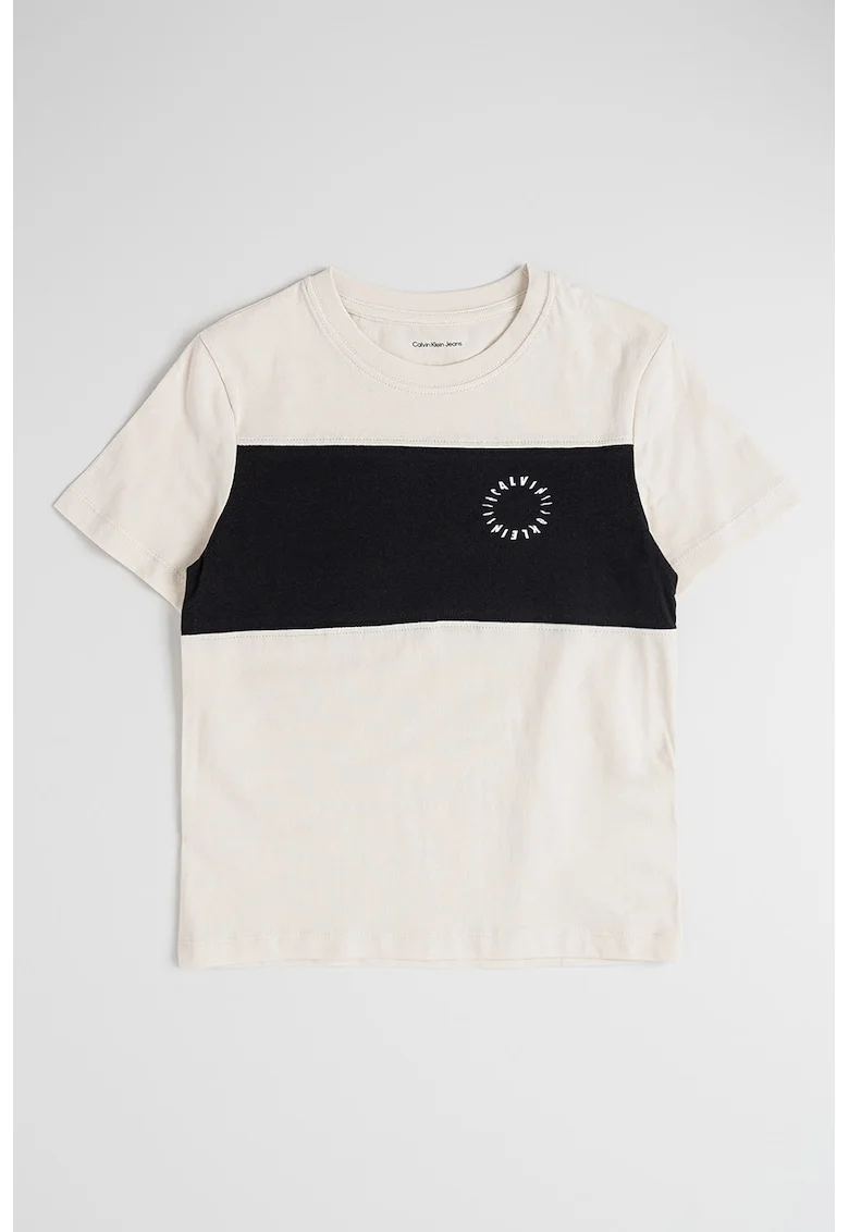 Tricou de bumbac cu decolteu la baza gatului, Negru/Bej deschis