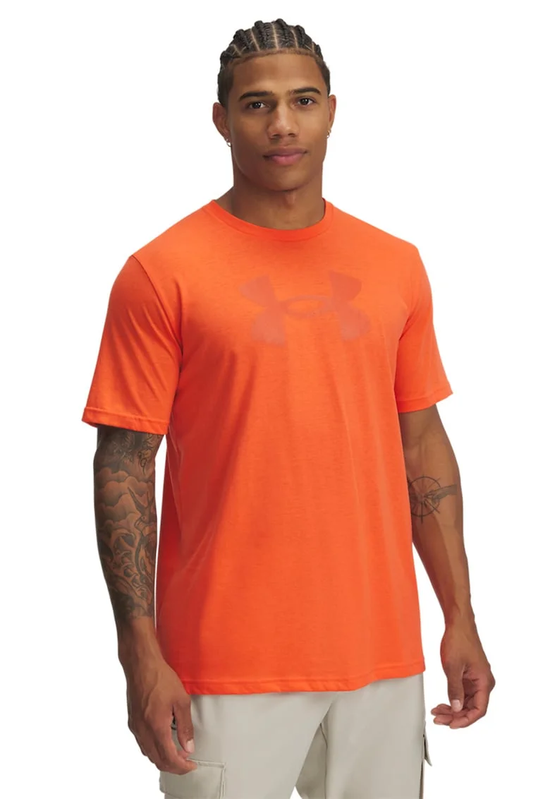 Tricou cu decolteu la baza gatului si imprimeu logo, Portocaliu mandarina