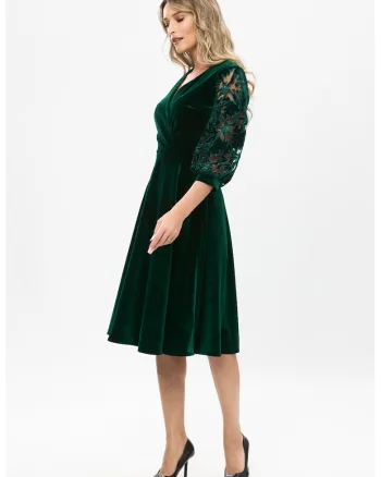 Rochie midi de catifea cu dantela, Verde inchis